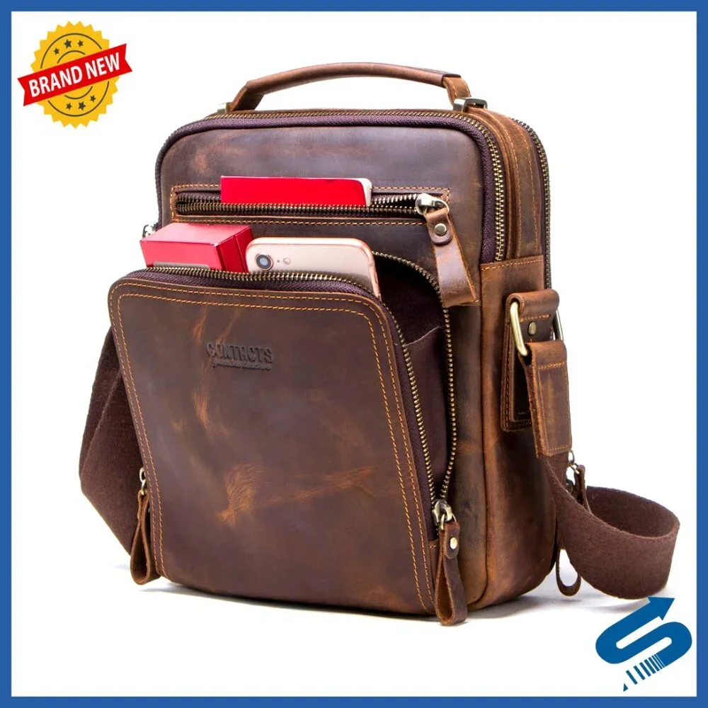 Crazy Horse Leather Messenger Bag for iPad, Crossbody Briefcase